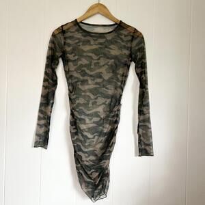 Unbranded Camo Camouflage Sheer Long Sleeve Scrunched Fitted Dress Women’s Small